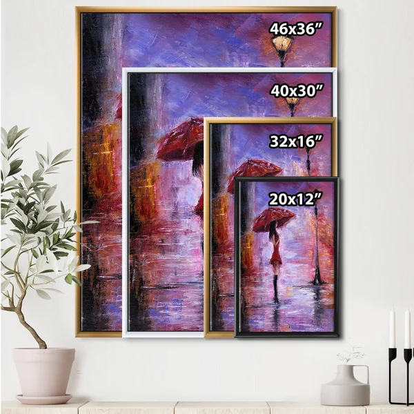 Designart 'Woman in Red Walking with Umbrella' Traditional Framed Canvas Wall Art Print - 30 in. Wide x 40 in. High - Gold
