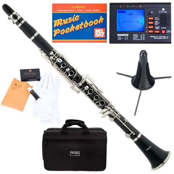 Mendini by Cecilio Black Ebonite Bb Clarinet with Stand, Tuner, 10 Reeds, Pocketbook, Mouthpiece and Case, B Flat MCT-E