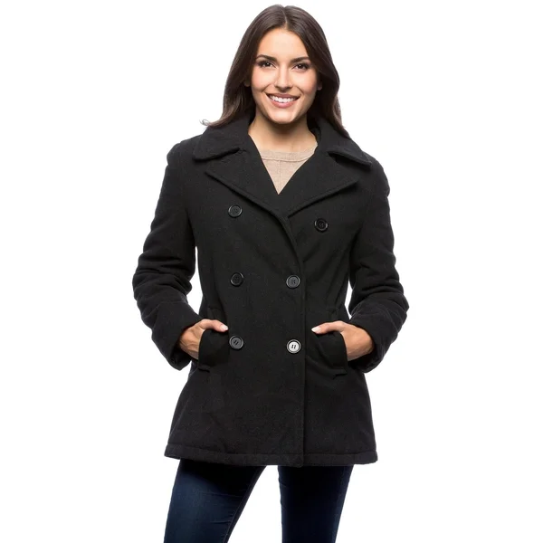 Excelled F2E4104RL Ladies Faux Wool Double Breasted Peacoat, Charcoal - Small