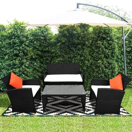 4-Piece Patio Furniture Sets - Wicker Patio Furniture with Two Single Sofa, One Loveseat, Tempered Glass Table, Conversation Furn