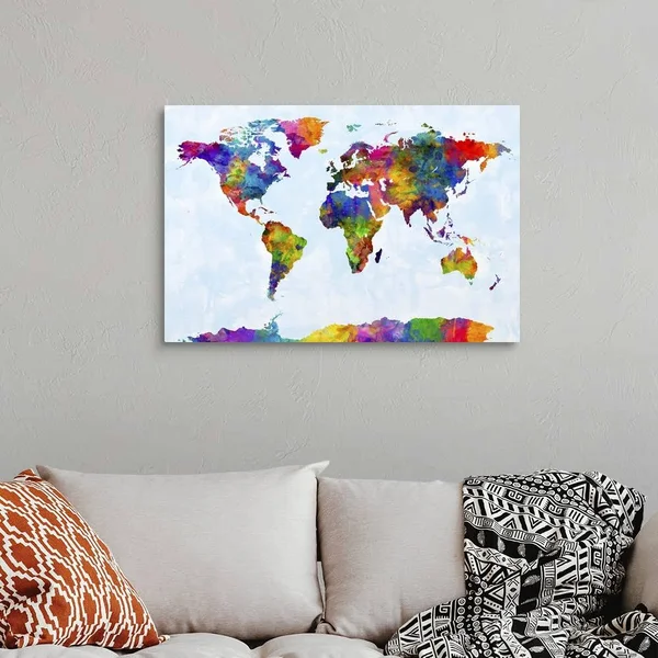 Watercolor Map of The World Map, Canvas Wall Art, 36x24, Great Big Canvas