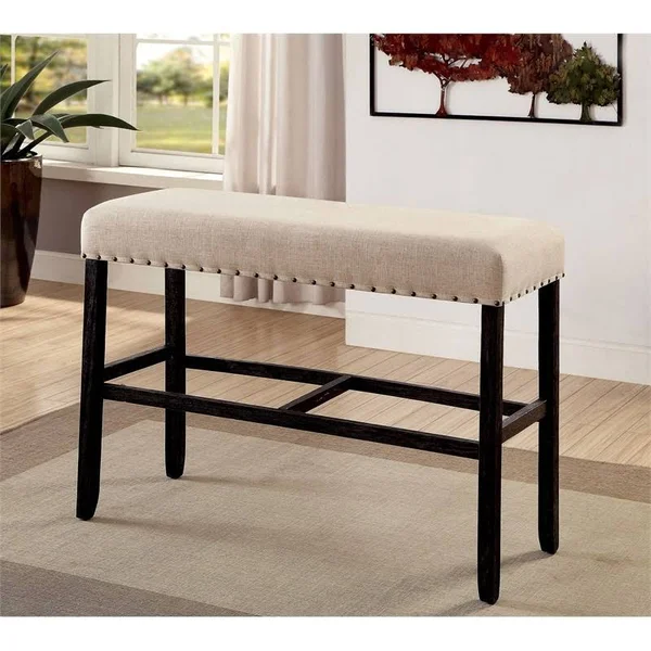 Furniture of America Sinuata Rustic Fabric Upholstered Bar Height Bench in Beige