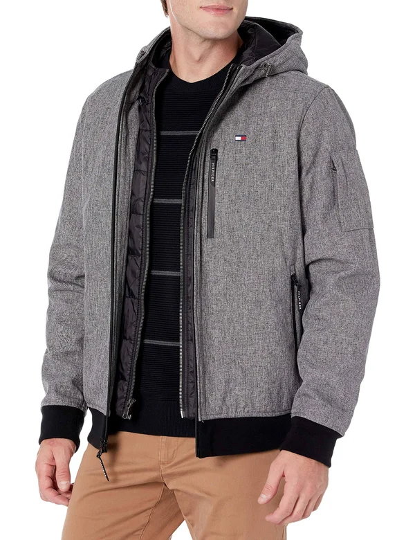 Tommy Hilfiger Men's Hooded Bomber Jacket - Large, Gray