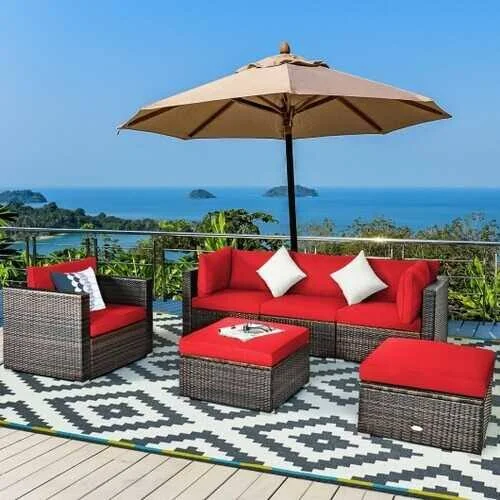 6 Pcs Patio Rattan Sectional Cushion Furniture Set-Turquoise