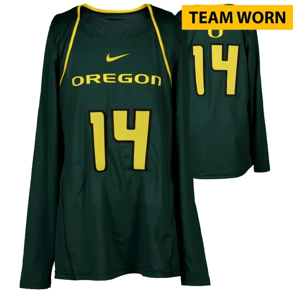 Fanatics Authentic Oregon Ducks Women's Lacrosse Team-Worn #14 Green and Yellow Long Sleeve Jersey Used Between The 2010 - 2016