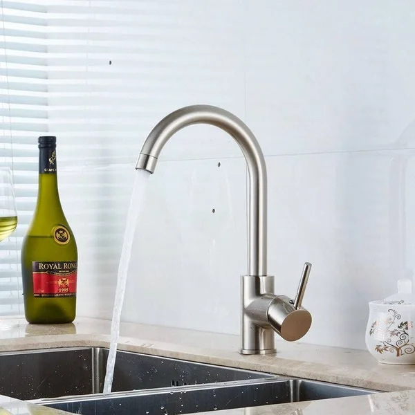 Modern Single Handle Kitchen Sink Faucet, 1 Hole Mounted - Silver