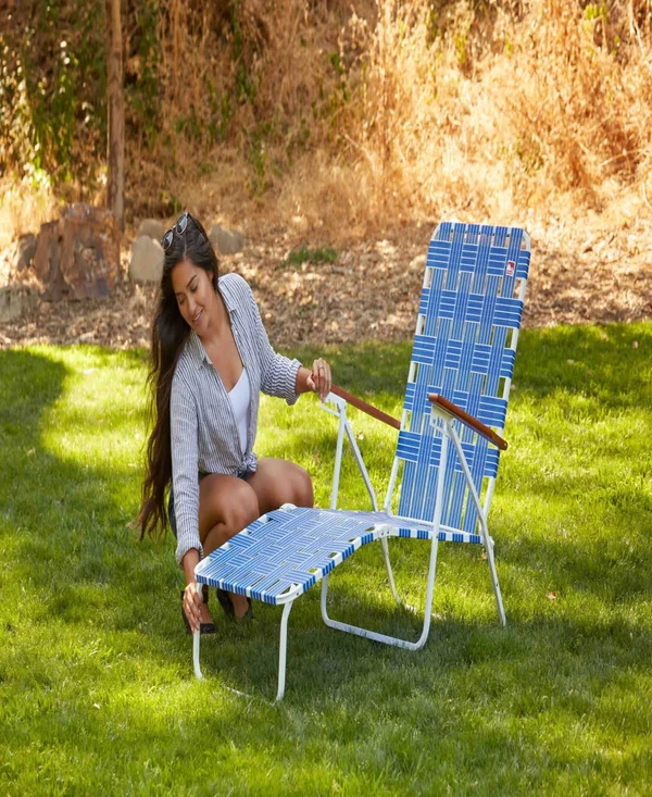 Outdoor Spectator Classic Webbed Blue Folding Chaise Lounger Camp/Lawn Chair