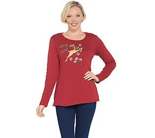 Quacker Factory Jingle All The Way Long SleeveT-Shirt, Size 1X, BrckRed/Reinder