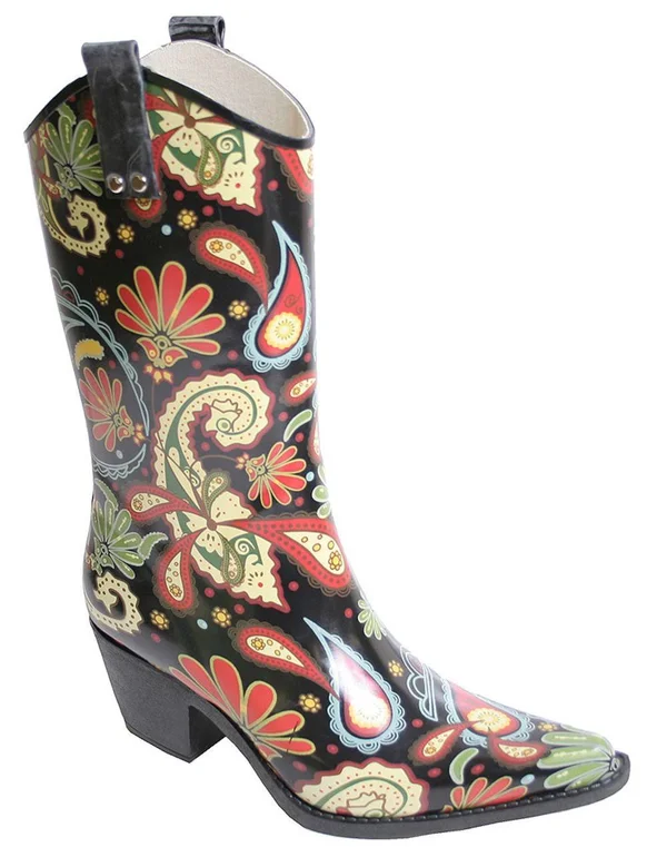 Nomad Women's Yippy Paisley Print Cowboy Rain Boot Black Paisley 11