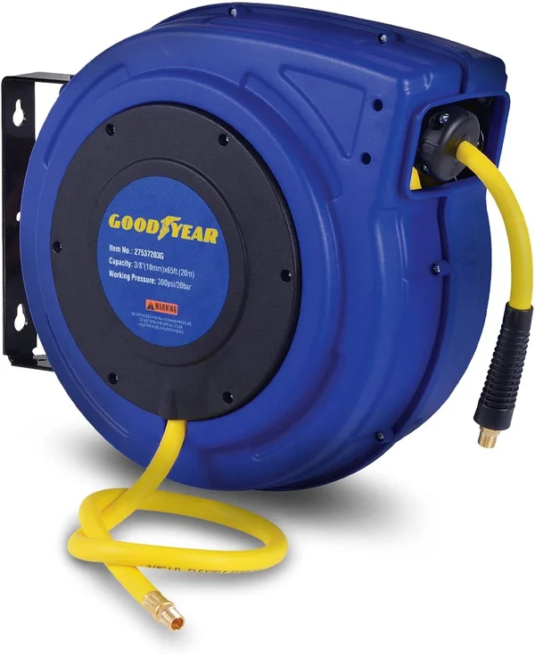 Goodyear Retractable Air Compressor/Water Hose Reel, Max. 300psi 3/8 inch x 65 ft Hybrid Polymer Hose
