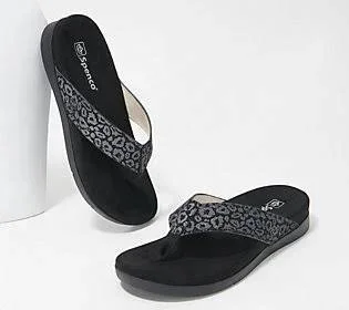 Spenco Orthotic Thong Sandals - Newport Cheetah - Size 5 Medium, Black