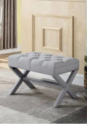 Chic Home Paige Grey Updated Neo Traditional Polished Nailhead Tufted Linen x Ottoman