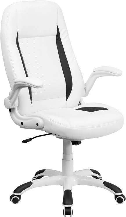 Flash Furniture CH-CX0176H06-WH-EMB-GG Embroidered High Back White Leather Executive Swivel Chair with Flip-Up Arms