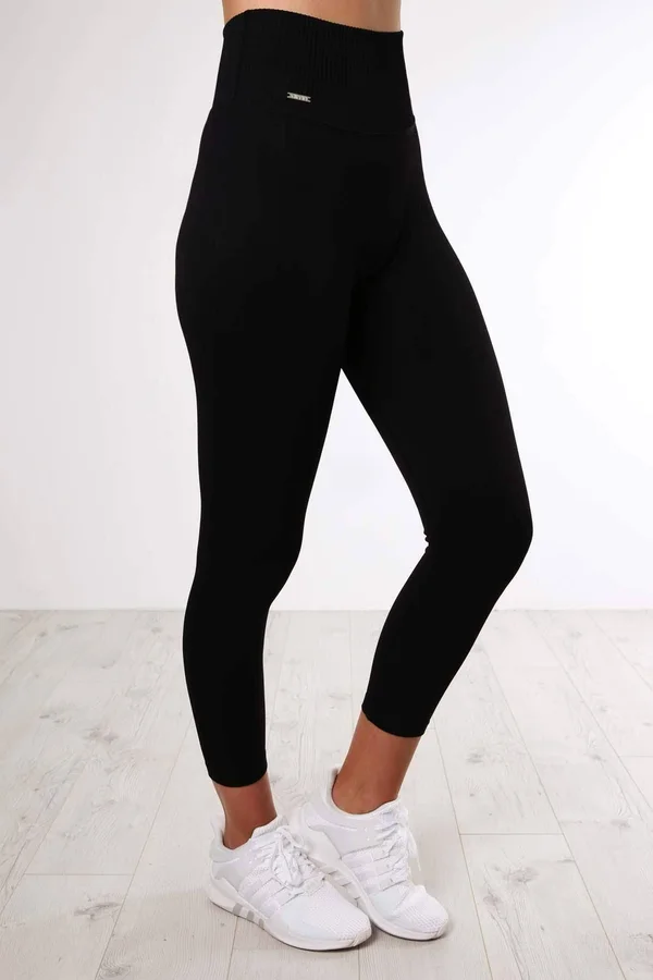 Black Ribbed Seamless Tights 7/8, M, Black