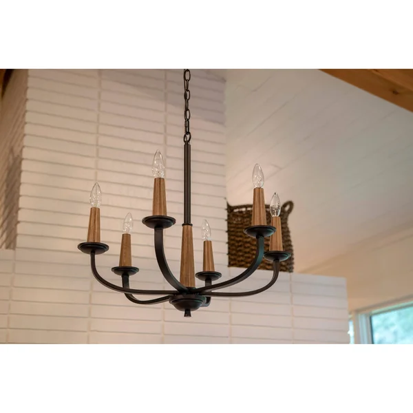 Decor Therapy Rotterdam 6-Light Black Metal and Wood Effect Pendant, 23.82 x 23.82 x 21.57 in