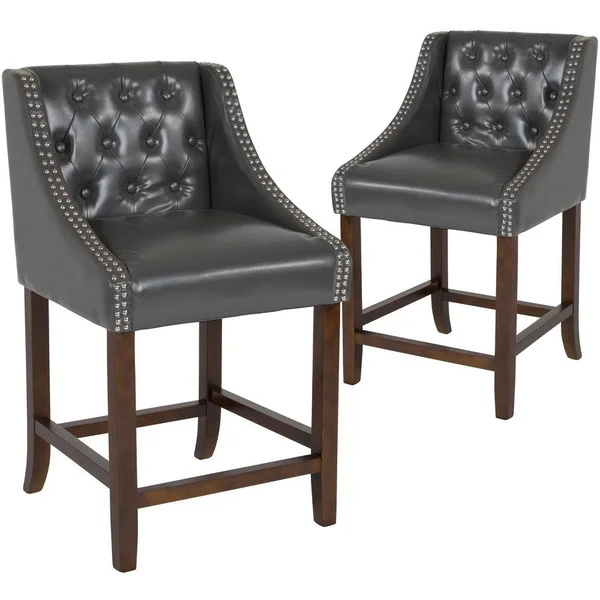 Carnegy Avenue 24 in Dark Gray Leather Bar Stool (Set of 2) - Dark Gray/Walnut