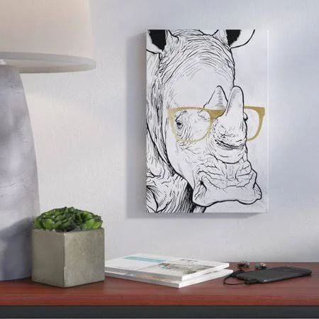 Ivy Bronx Rhino with Gold Glasses Graphic Art Print on Canvas Size: 30x22 H x 20x22 W