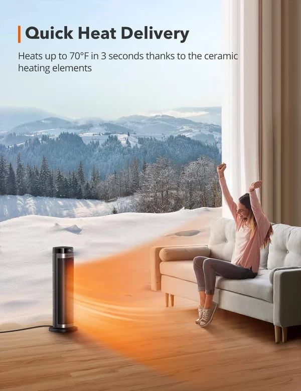 TaoTronics PTC Space Heater, 1500W Fast HEATING Ceramic, 24” High Tower Heater