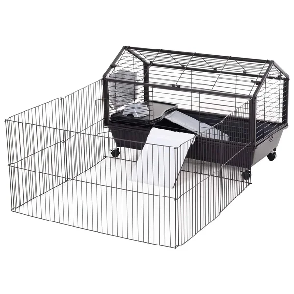 PawHut Rolling Metal Rabbit, Guinea Pig, or Small Animal Hutch Cage with Main House and Run