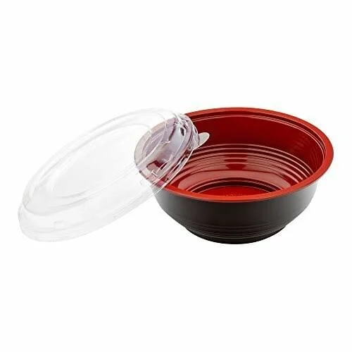 Medium Asian Panda Microwavable Bowl - BPA Free PP Black and Red with Clear Lid - Catering & Takeout - 24 oz - Plastic - Dis