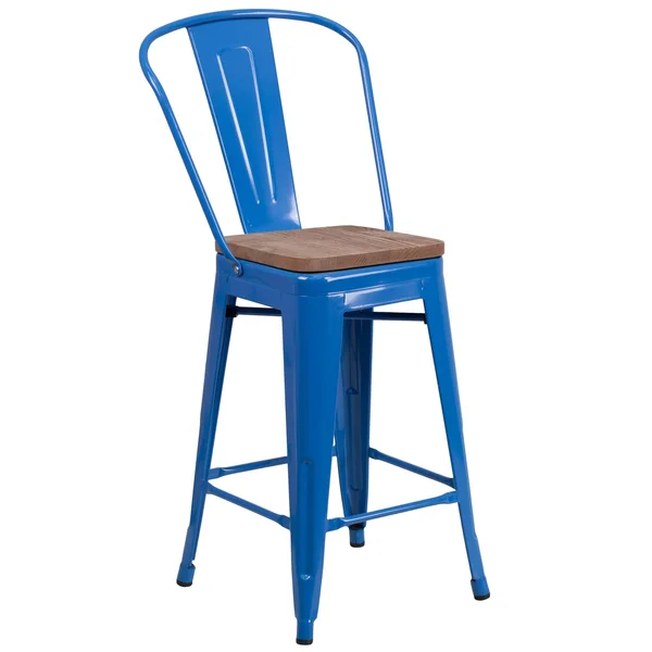 Flash Furniture 24x22 High Metal Counter Height Stool with Back and Wood SEAT, White