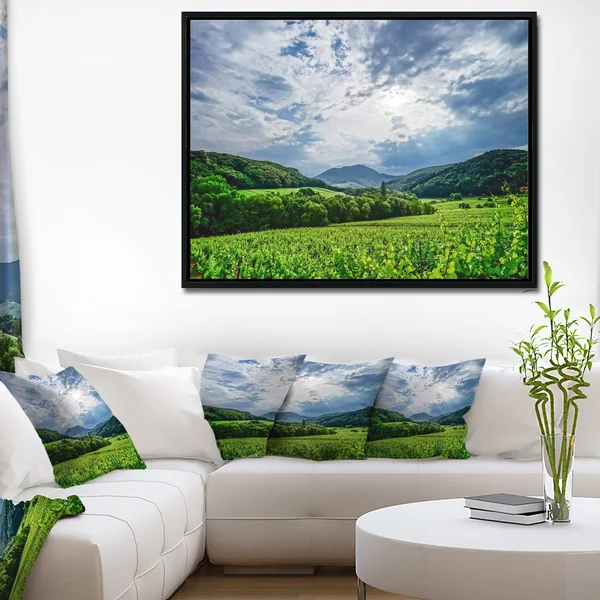 Designart 'Thunderstorm Weather Over Vineyards' Landscape Framed Canvas Art Print - 40 in. Wide x 30 in. High