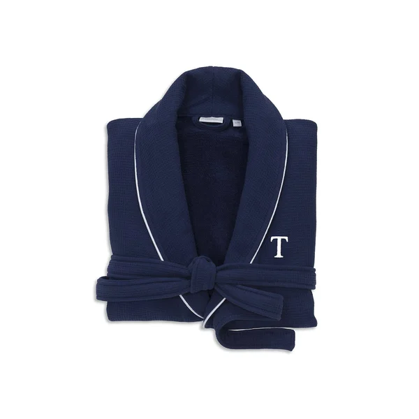 Linum Home Textiles Hotel Turkish Cotton Waffle Terry Bathrobe with Satin Piped Trim - Personalized - Navy, Blue