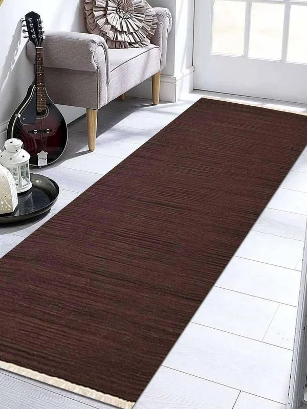 Rugsotic Carpets Hand Woven Flat Weave Kilim Wool 3&x13& Runner Area Rug Contemporary Dark Brown D00111