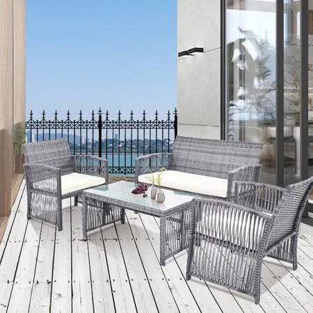 4 Pieces Outdoor Furniture Rattan Chair & Table Patio Set Outdoor Sofa for Garden, Backyard, Porch and Poolside, Gray