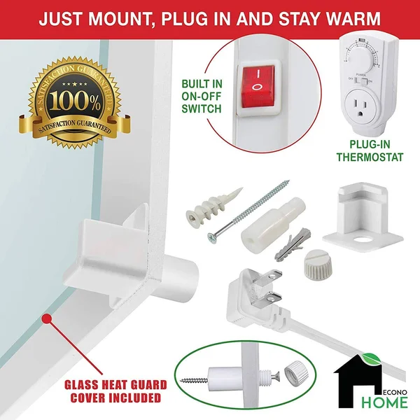 EconoHome Wall Mount Space Heater Panel - with Thermostat and Glass Heat Guard Cover - 400W Convection Heater - for 120 Sq ft Ro, 24 x 24