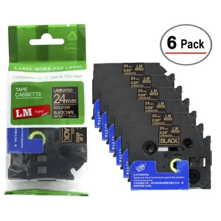 6/Pack Lm Tapes - Premium 1 inch Gold Print on Black Label (24mm 0.94 Laminated) Compatible with TZe-354 P-Touch Tape and Comes