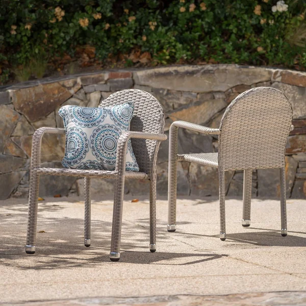 Ava Outdoor Wicker Armed Aluminum Framed Stack Chairs (Set of 2) Multi-Brown