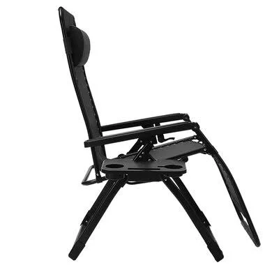 Outdoor Patio Folding Zero Gravity Lounge Chair - Camp Reclining Chair with Pillow and Cup Holder, Black Arlmont & Co.