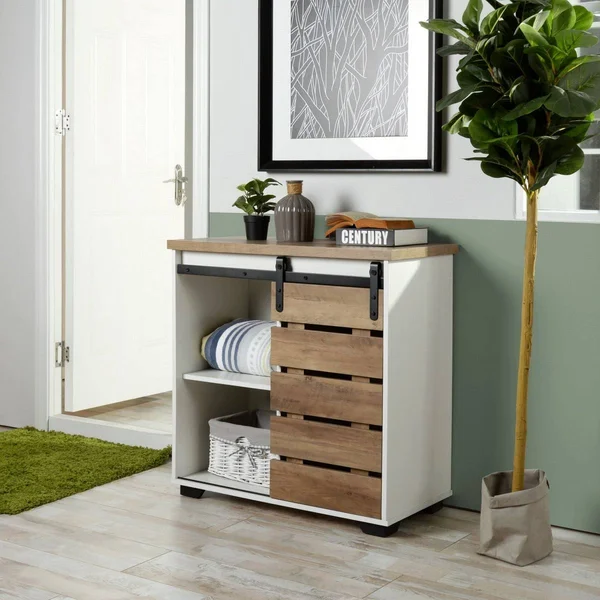 Furniture R Farmhouse Sliding Door Wood Storage Cabinet - White