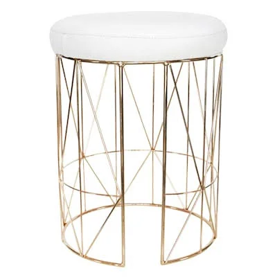 at Home Keira Glazed Gold Wire Vanity Stool/Padded White Faux Leather SEAT, Metallic, 14.5x22L x 19.5x22H x 14.5x22W