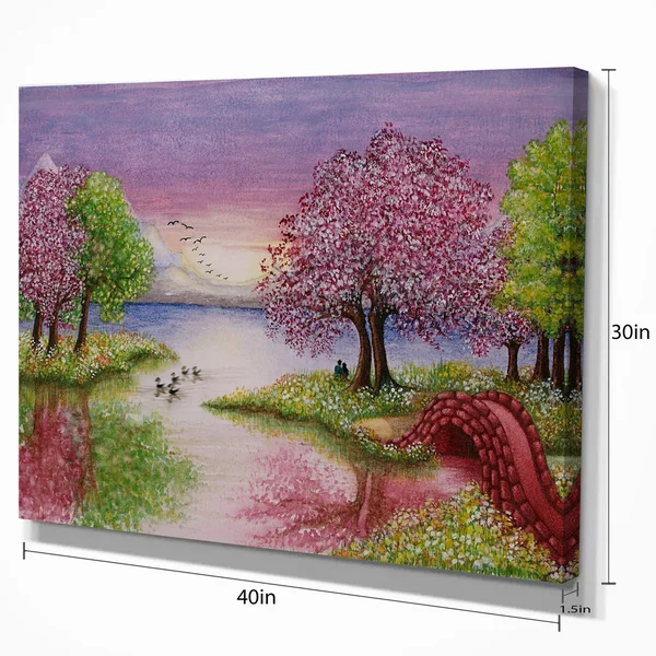 Design Art Romantic Lake in Pink and Green - Extra Large Wall Art Landscape, 32 in. Wide x 16 in. High