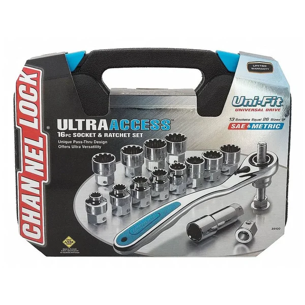 Channellock Pass-Thru Socket Set, 3/8x22 Dr, 16 PC 39100