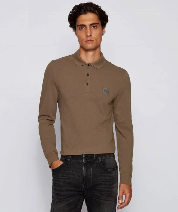 Boss Mens Passerby Beige Long Sleeved Polo Shirt