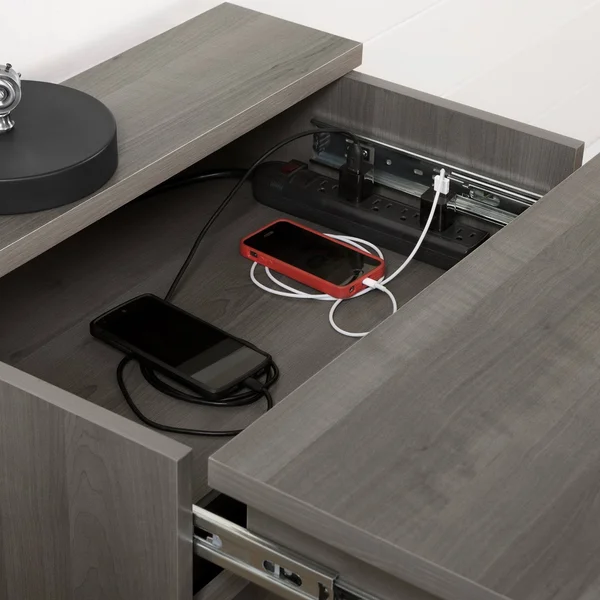 South Shore Versa Nightstand with Charging Station and Drawers - Gray Maple