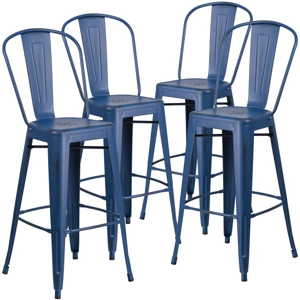 Flash Furniture 4 Pk. 30&& High Distressed Metal Indoor-Outdoor Barstool with BACK, Yellow
