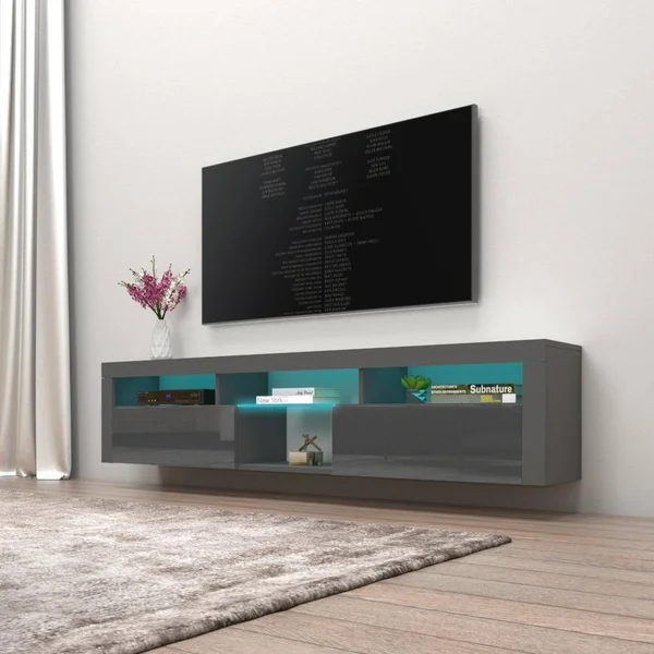 Meble Furniture & Rugs Bari 200 Wall Mounted Floating 79x22 TV Stand with 16 Color LEDs - White