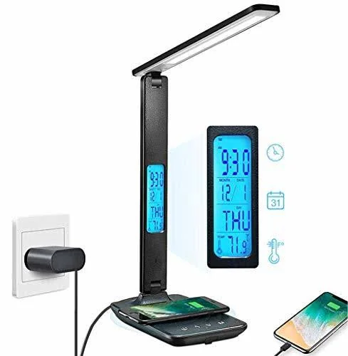 Desk Lamp, LED Desk Lamp with Wireless Charger, USB Charging Port, Adjustable, 5