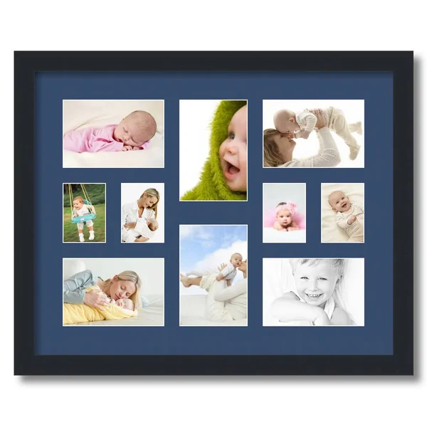 Collage Picture Frame - Satin Black Frame with 10 openings for 4x6 Photos with Delft Blue Mat. D3926FI401, ArtToFrames