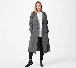 Laurie Felt Classic Denim Houndstooth Trench Coat, Size Large, CharcGryHndstth