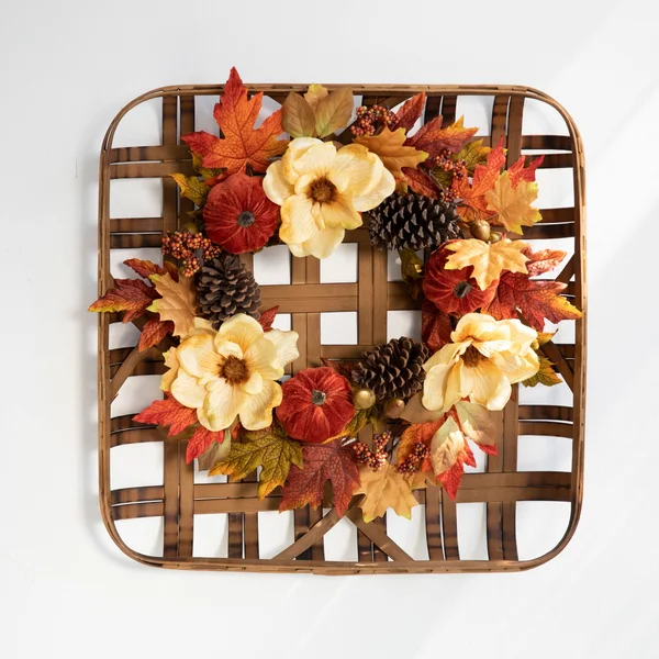 Glitzhome 22x22D Blooming Magnolia Wreath with 24x22L Bamboo Basket