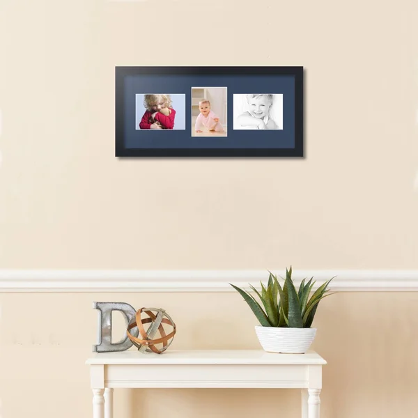 Collage Picture Frame, Satin Black Frame with 3 openings for 5x7 Photos with Midnight Blue Mat. D3926FK213, ArtToFrames
