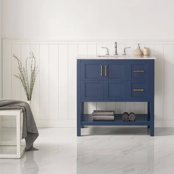 Roswell Florence 36 in. Bath Vanity in Blue with Marble Vanity Top in White with White Basin