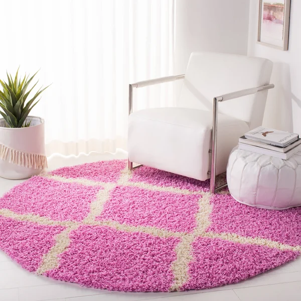 Safavieh Dallas Shag Hacer Trellis 1.5-inch Thick Rug (8& x 8& Round - Ivory/Beige)
