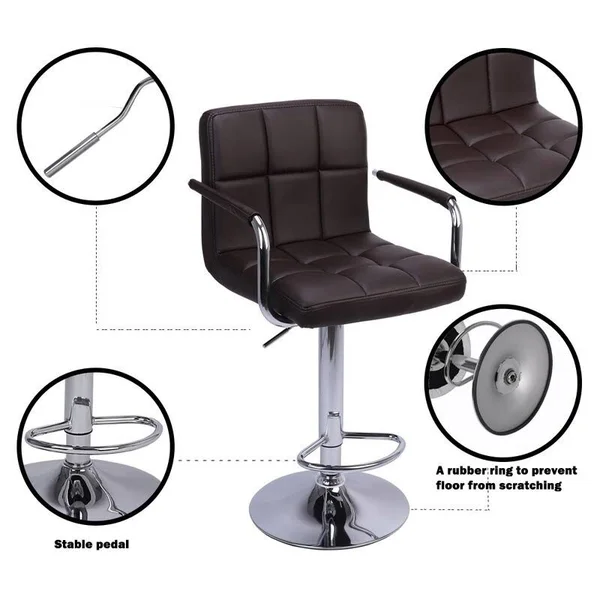 karlinc Modern Square PU Leather Adjustable Bar Stools with Armrest (Set of 2) - Brown