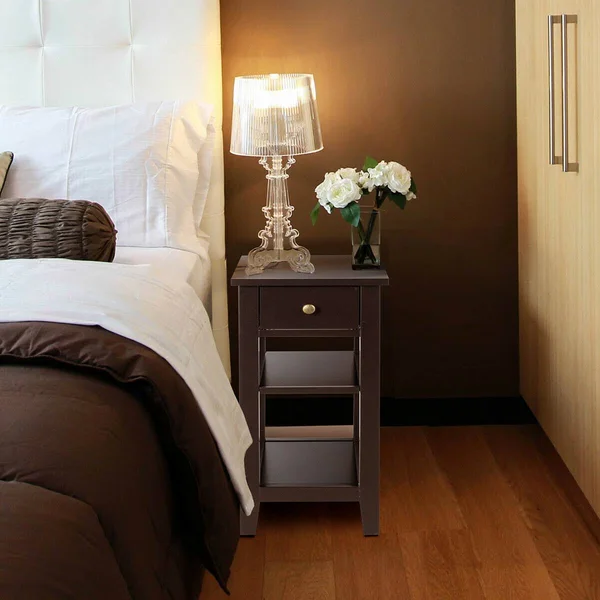 3-Tier Nightstand Bedside Table Sofa Side with Double Shelves Drawer-Coffee